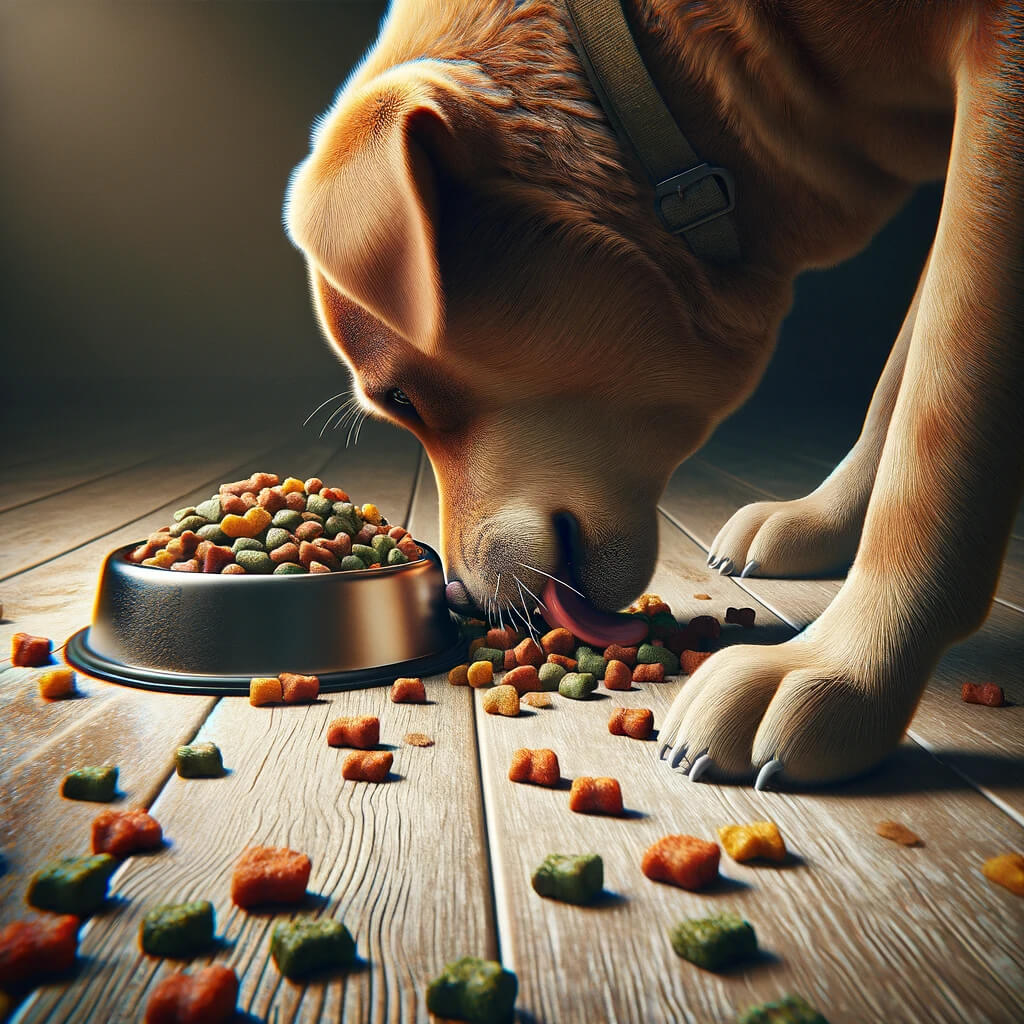 dog eating food directly from the floor, next to an ignored food bowl. The image should captu