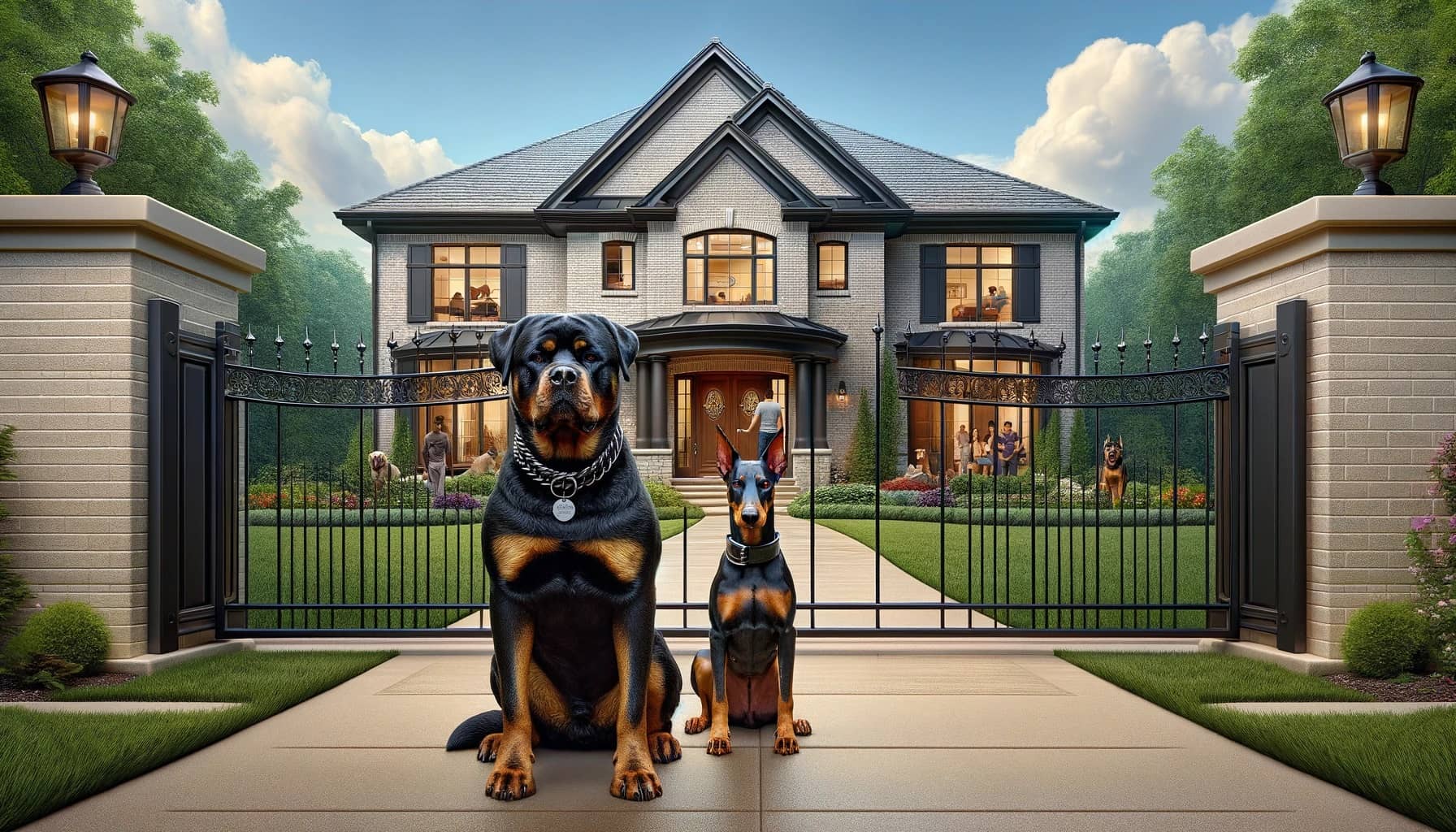 a stately brick house guarded by a Rottweiler and a Doberman Pinscher