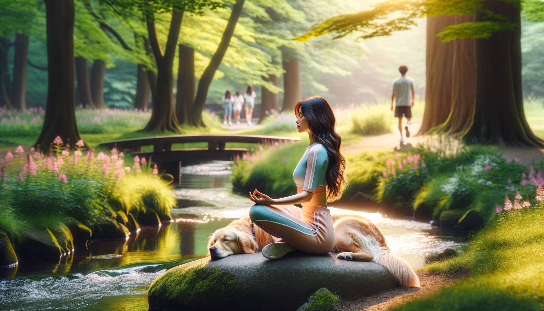 green park, where a woman in a meditative pose connects with her loyal Golden Retriever