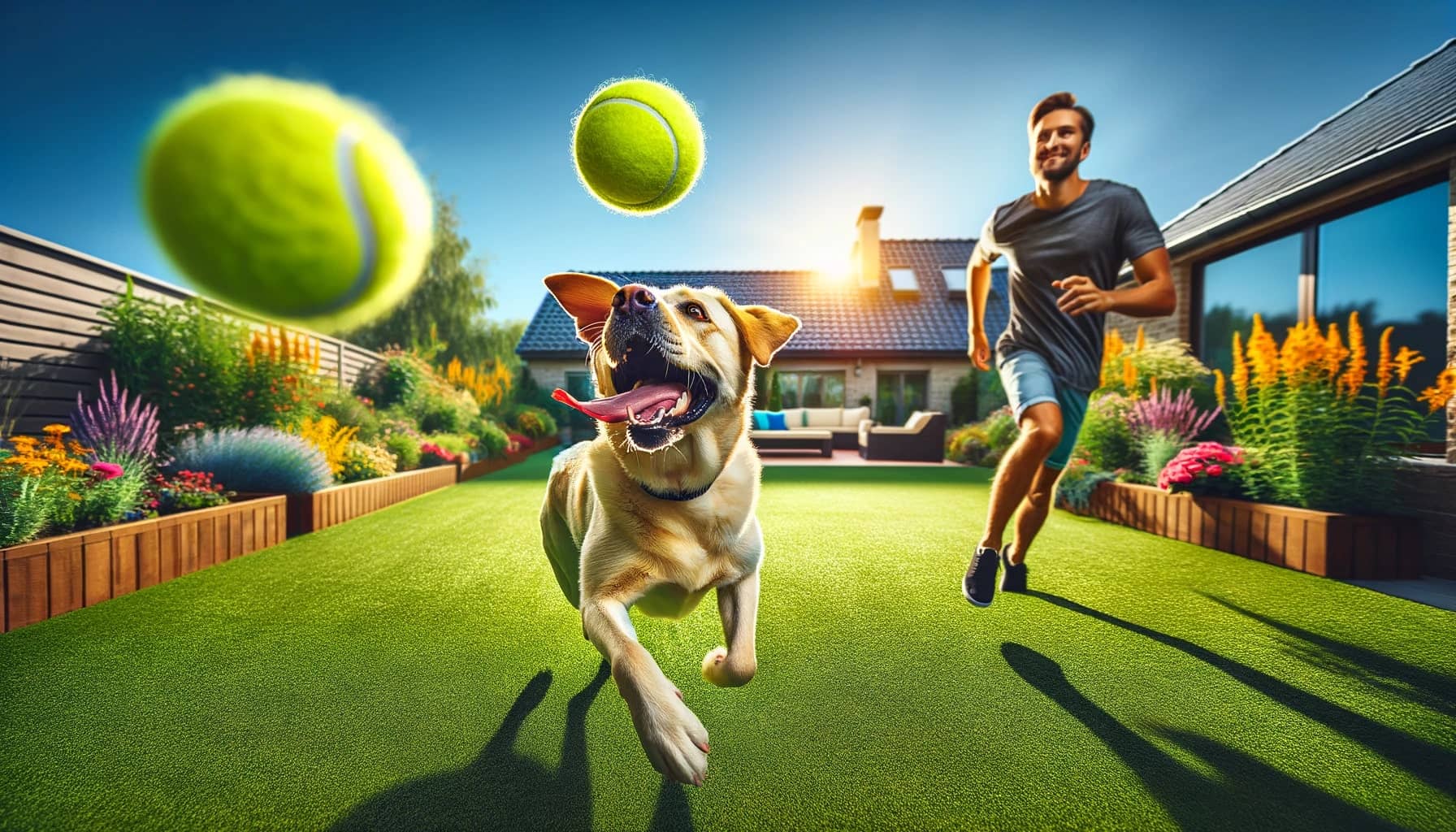 sunlit backyard filled with a well-manicured lawn and colorful flower beds In the center, a playful Labrador Retriever bounds